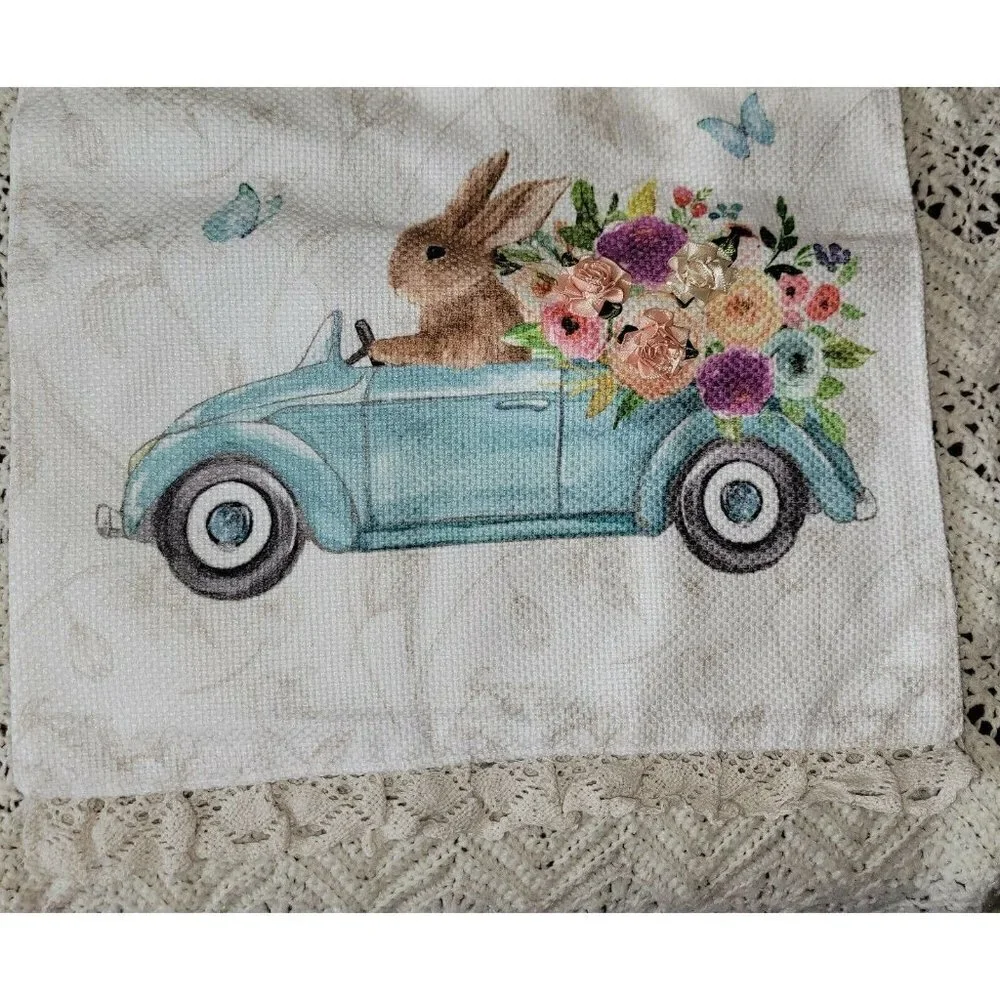 House & Garden Tan  Bunny In Flower Car Easter Table Runner 14 X 72